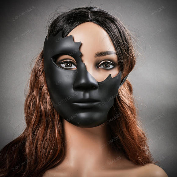 Unpainted Half Face Cracked Phantom Masquerade Mask - Black - Picture 6 of 10
